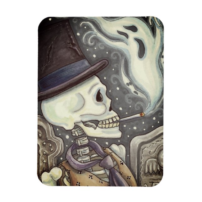 SMOKING SKELETON WITH GHOSTS IN SPOOKY CEMETERY MAGNET (Vertical)