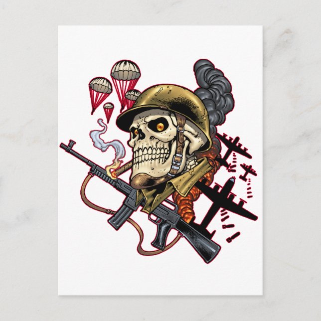 Smoking Skull with Helmet, Airplanes and Bombs Postcard (Front)