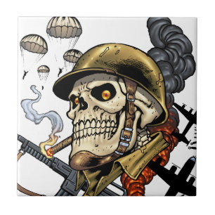 Smoking Skull with Helmet, Airplanes and Bombs Tile