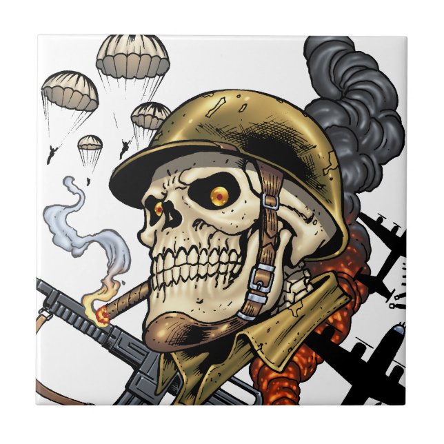 Smoking Skull with Helmet, Airplanes and Bombs Tile (Front)