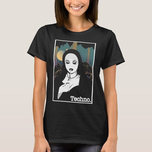 Smoking Techno Nun Religion Retro Bass Music T-Shirt (Front)