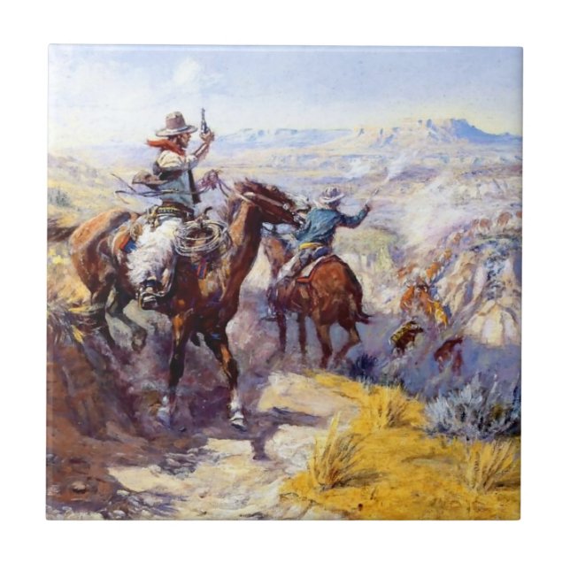 “Smoking Them Out” Western Art by Charles M Russel Tile (Front)
