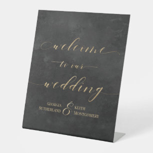 Smoky Black & Gold Elegant Welcome To Our Wedding Pedestal Sign