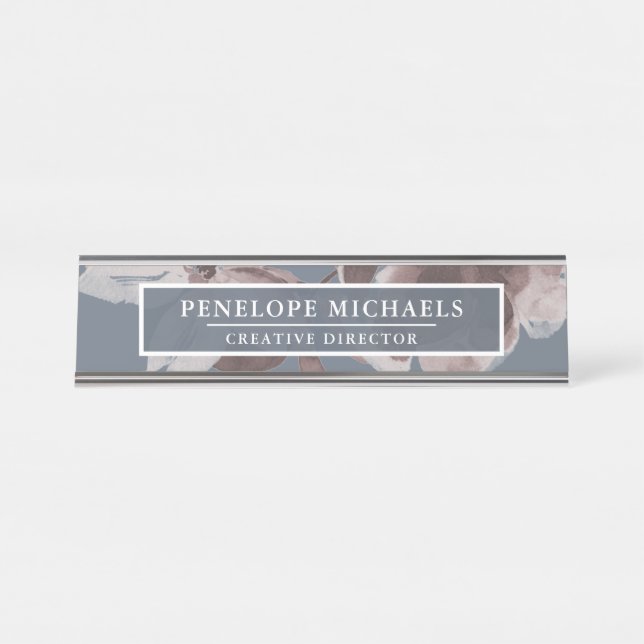 Smoky Blue and Dusty Rose Floral with White Text Desk Name Plate (Front)
