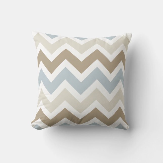 Smoky Blue Grey, Tan, and Brown Chevron Pattern Throw Pillow (Front)