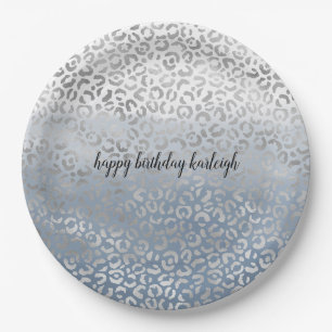 Smoky Blue White Ombre Silver Glam Leopard Print Paper Plate