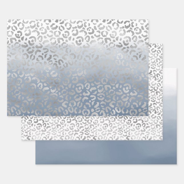 Smoky Blue White Ombre Silver Glam Leopard Print Wrapping Paper Sheet (Set)