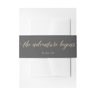 Smoky Grey and Orange The Adventure Begins Wedding Invitation Belly Band