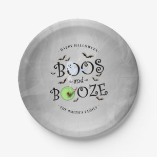 Smoky Grey & Black Boos & Booze Halloween Party Paper Plate