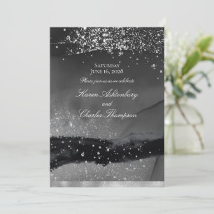 Smoky Grey Black & Sparkling Silver Modern Wedding Invitation
