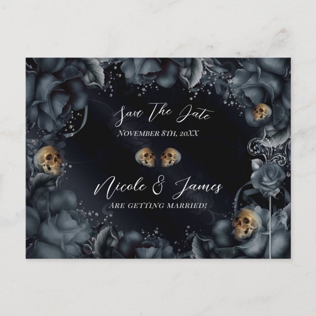 Smoky Grey Blue Roses Skulls Gothic Save The Date Announcement Postcard (Front)