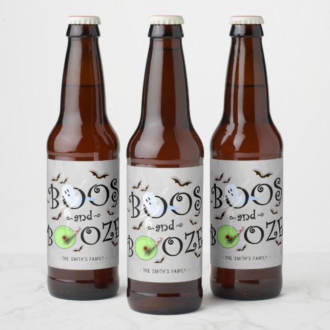 Smoky Grey Boos & Booze Halloween Party Beer Bottle Label (Bottles)