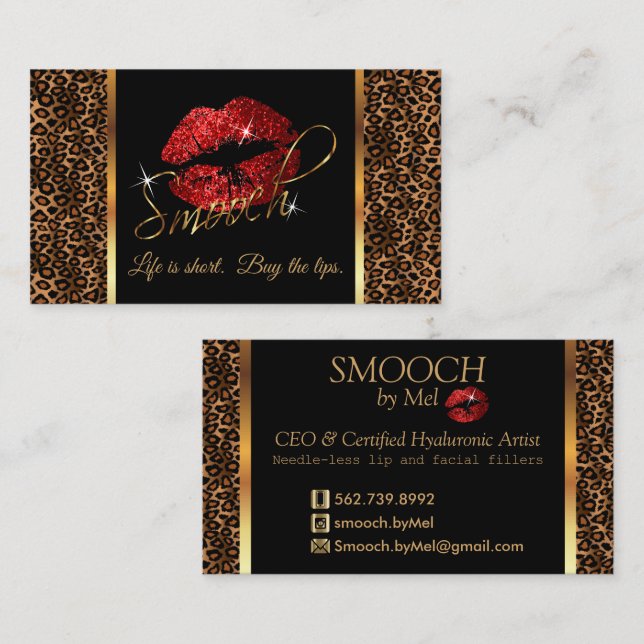 Smooch - Makeup Artist with Leopard and Red Lips   Business Card (Front/Back)