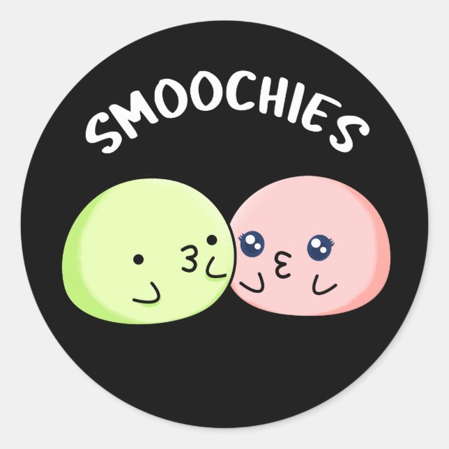 Smoochies Funny Kissing Mochi Pun Dark BG Classic Round Sticker (Front)