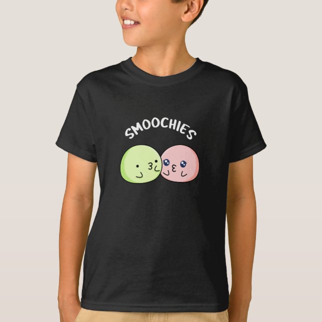 Smoochies Funny Kissing Mochi Pun Dark BG T-Shirt (Front)