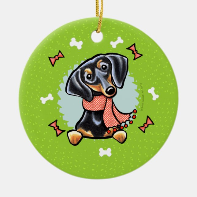 Smooth Black Tan Dachshund Christmas Wreath Ceramic Ornament (Front)