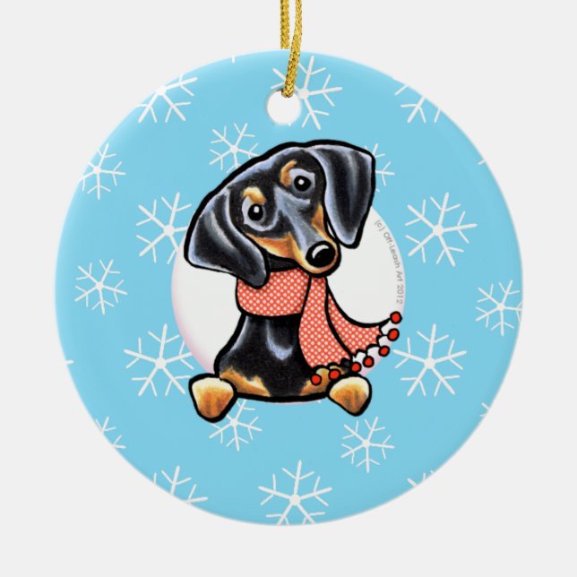 Smooth Black Tan Dachshund Let it Snow Ceramic Ornament (Front)