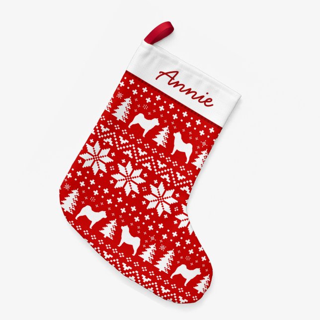 Smooth Chow Silhouettes Pattern Cute Dog Lover's Small Christmas Stocking (Front (Hanging))
