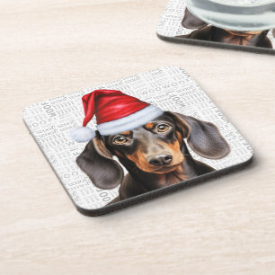 Smooth Coat Dachshund Dog in a Santa Hat Holiday Coaster