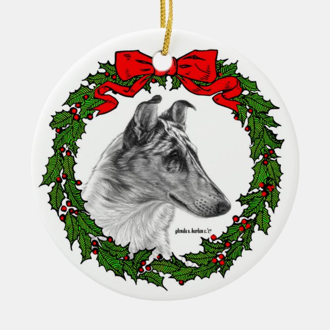 Smooth Collie Art by Glenda S. Harlan Ceramic Ornament (Front)