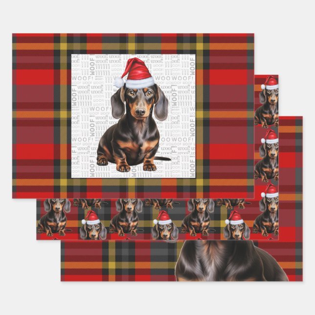 Smooth Dachshund Christmas Dog and Red Plaid Wrapping Paper Sheet (Set)