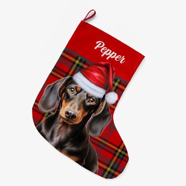 Smooth Dachshund Dog Holiday Plaid Personalized Large Christmas Stocking (Front (Hanging))