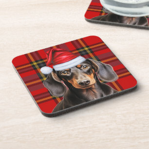 Smooth Dachshund with Red and Green Holiday Plaid Coaster