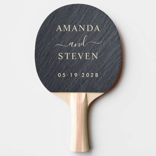 Smooth Dark Granite Couple Names with Wedding Ping Pong Paddle (Back)