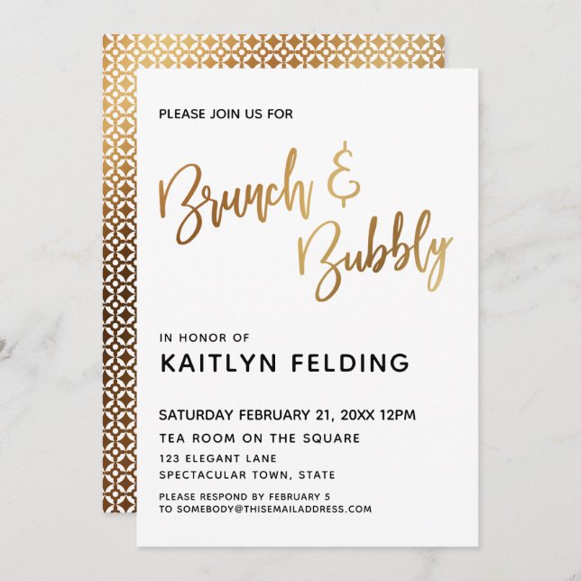 Smooth Gold Ombre Brunch & Bubbly Typography Invitation (Front/Back)