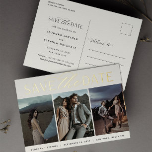 Smooth Script   3 Photo Wedding Save the Date Foil Invitation Postcard