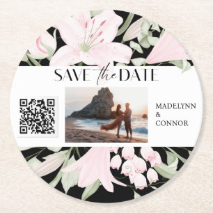Smooth Script Floral Photo QR Code Save the Date  Round Paper Coaster