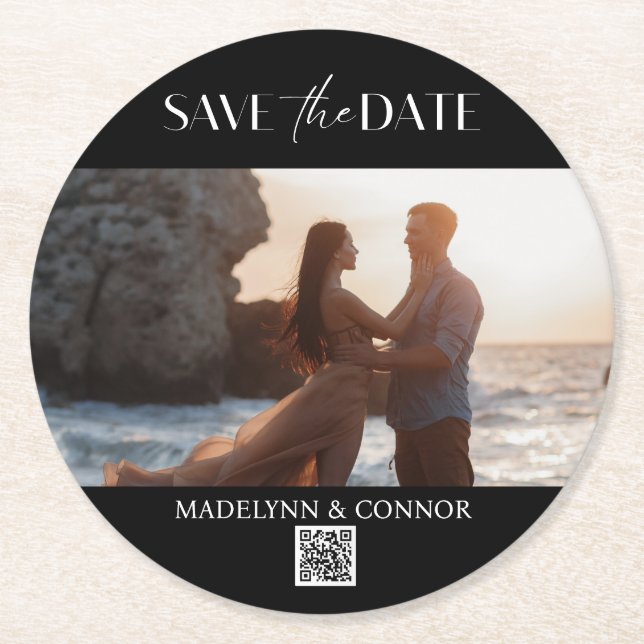 Smooth Script Photo QR Code Save the Date  Round Paper Coaster (Front)