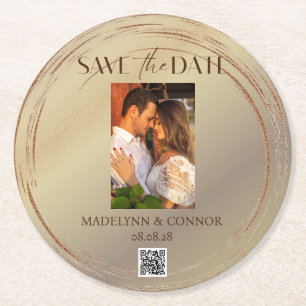 Smooth Script Photo QR Code Save the Date  Round  Paper Coaster