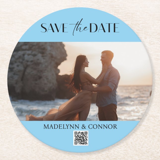 Smooth Script Photo QR Code Save the Date  Round Paper Coaster (Front)