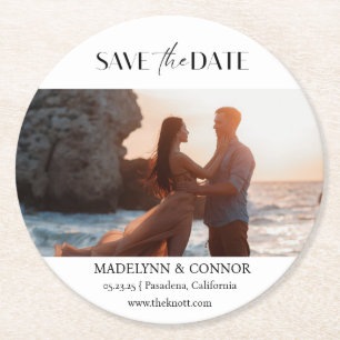 Smooth Script Photo Save the Date Round Paper Coas Round Paper Coaster