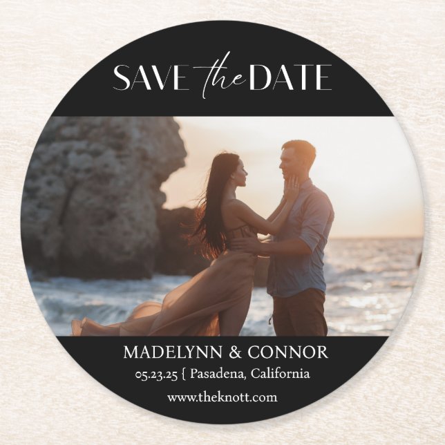 Smooth Script Photo Save the Date Round Paper Coas Round Paper Coaster (Front)
