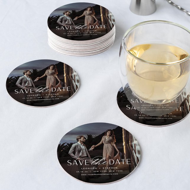 Smooth Script | Photo Save the Date Round Paper Coaster (Creator Uploaded)