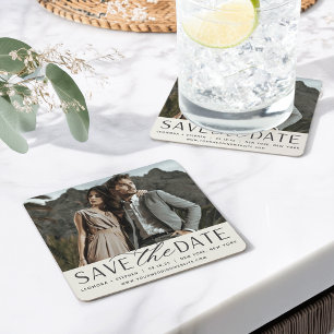 Smooth Script Photo Save the Date Square Paper Coaster