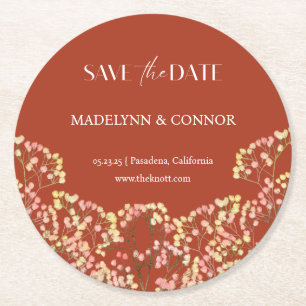 Smooth Script Terracotta Wedding Save the Date  Round Paper Coaster