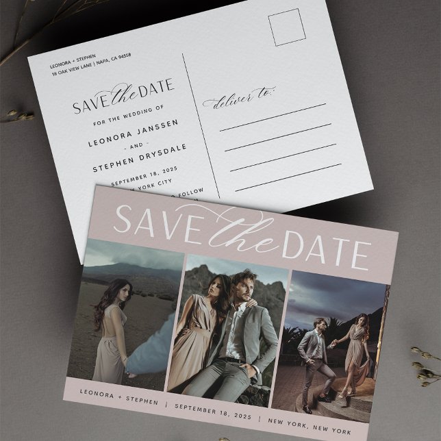 Smooth Script | Three Photo Wedding Save the Date Announcement Postcard (Creator Uploaded)