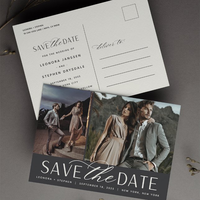 Smooth Script | Two Photo Wedding Save the Date Announcement Postcard (Creator Uploaded)