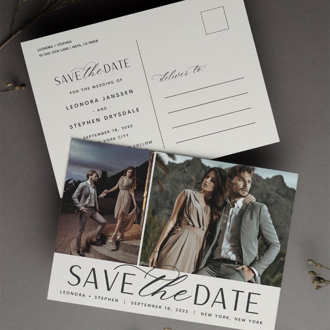 Smooth Script | Two Photo Wedding Save the Date Announcement Postcard (Creator Uploaded)