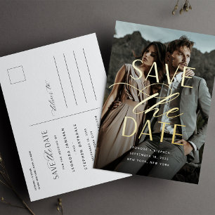 Smooth Script   Vertical Photo Save the Date Foil Invitation Postcard