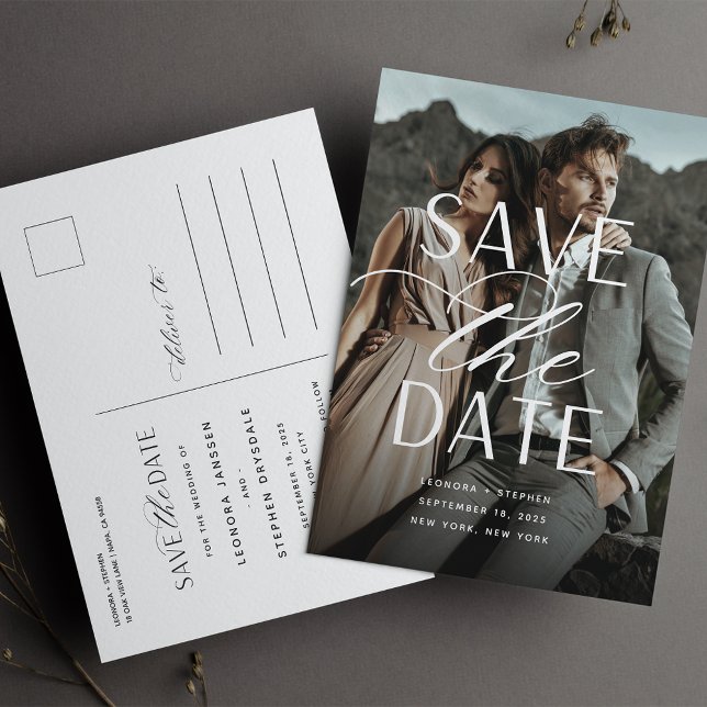 Smooth Script Vertical Photo Wedding Save the Date Announcement Postcard (Creator Uploaded)