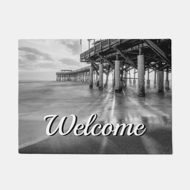 Smooth Waves At Cocoa Pier Grayscale Welcome  Doormat (Front)