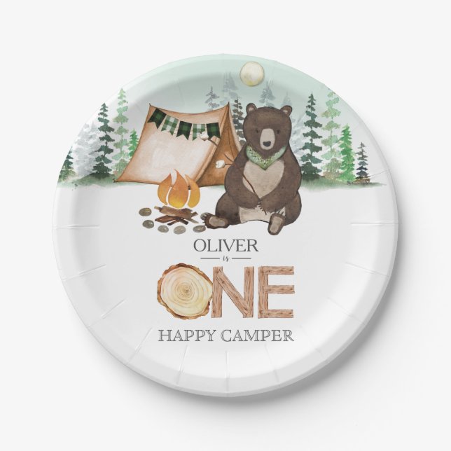 S'more Camping Bear ONE Happy Camper 1st Birthday Paper Plate (Front)