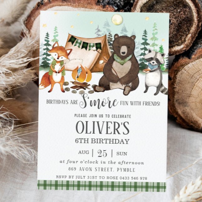 S'more Camping Bonfire Bear Fox Raccoon Birthday  Invitation (Creator Uploaded)