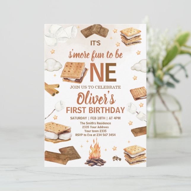 S'more Fun To Be One S'mores Campfire Birthday Invitation (Standing Front)