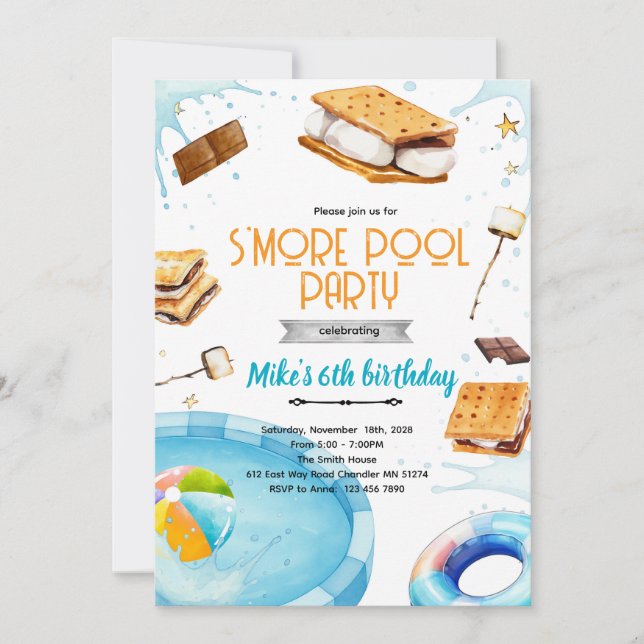S'more pool birthday party invitation (Front)