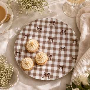 S'more to Love Brown Gingham Bow Baby Shower Paper Plate